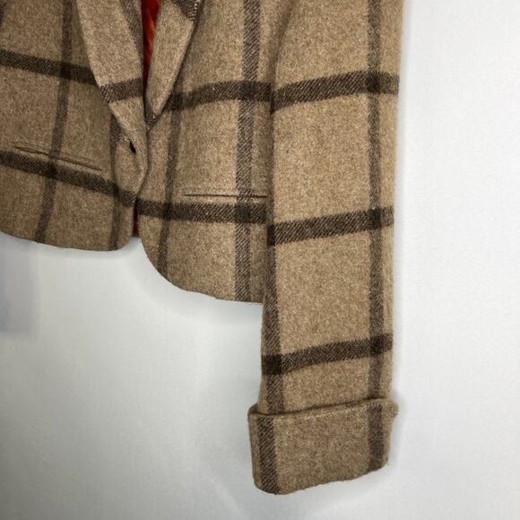 VTG Womans Alfred Sung Sport Wool Mohair Cropped Blazer Brown Tan Checker Sz 4 - Picture 5 of 11